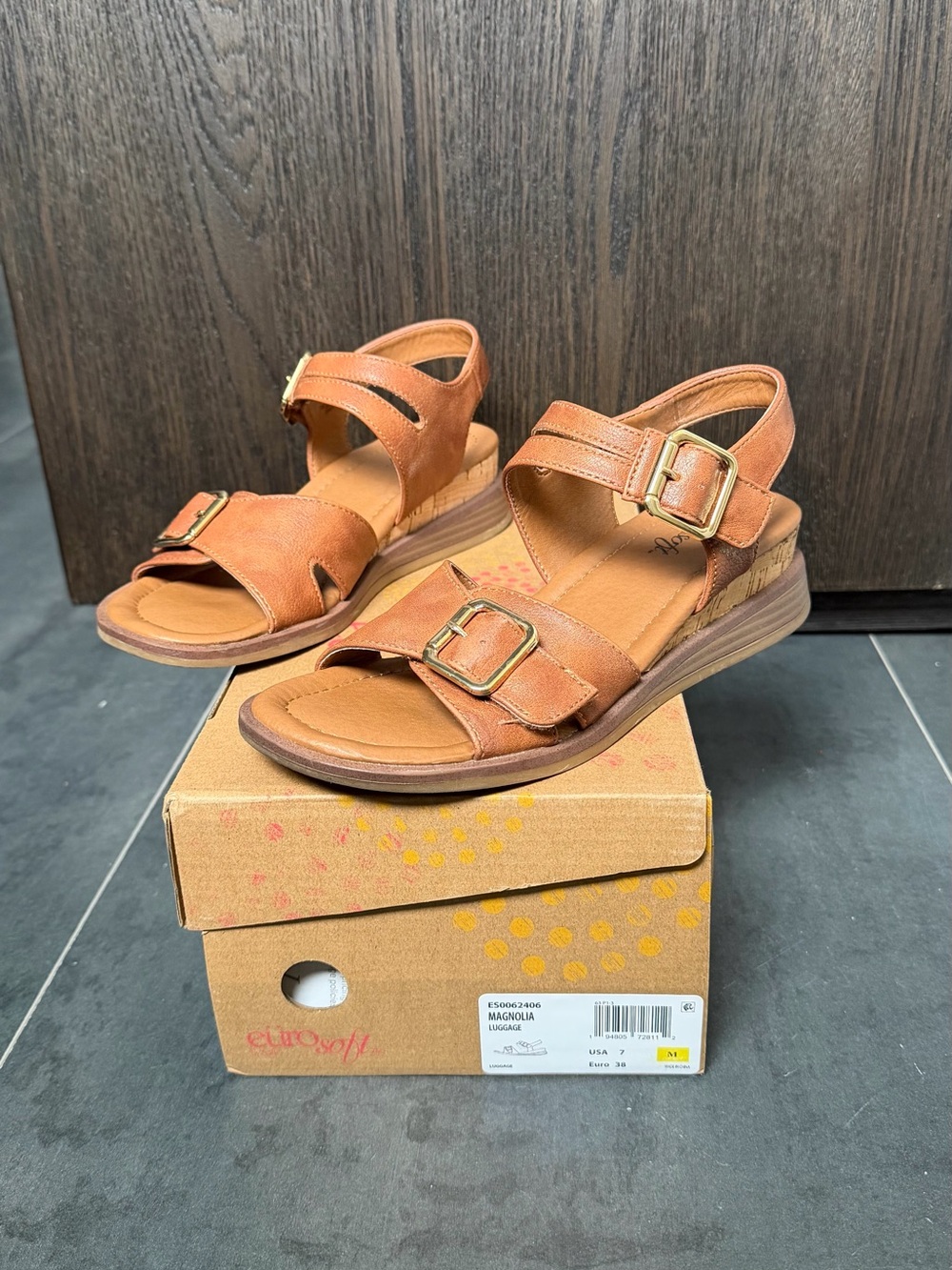 Comfort Wedge Sandals with Adjustable Buckles in Cognac Brown